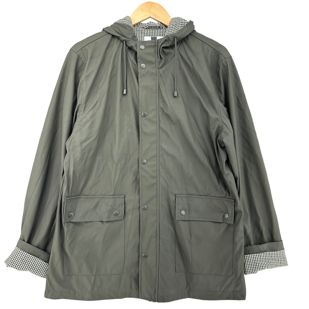 Topman Hooded Raincoat Gingham Lined Snap Front Olive Green Brown Mens M Gorp